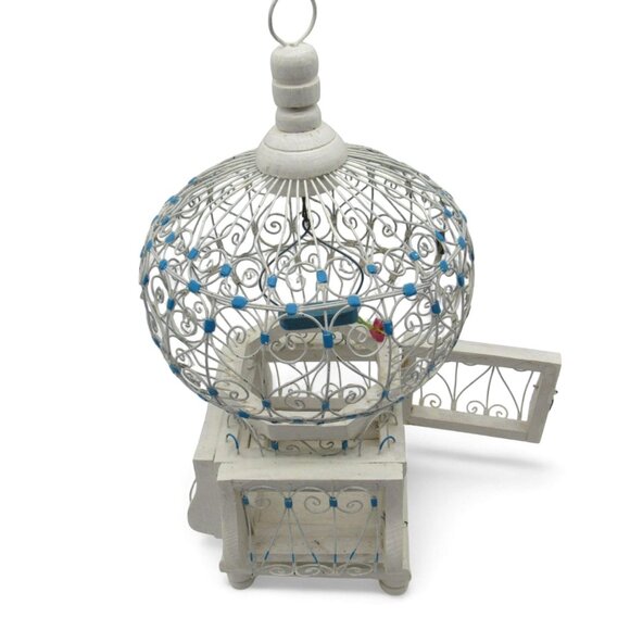 BIRDCAGE French Moroccan DECORATIVE White Wooden Wire Detailing And Blue Accents - Picture 1 of 11
